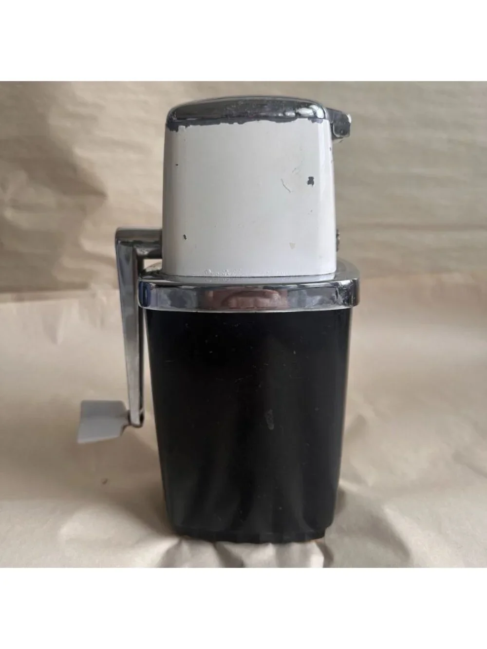 Vintage Counter Top Ice Crusher Hand Crank MCM Retro Kitchen Ivory Black Silver